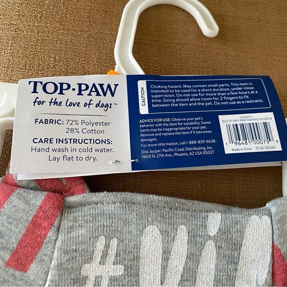 Top Paw Gray/Pink/White Graphic Hoodie Sweatshirt for Dogs. Size Medium. NWT!
